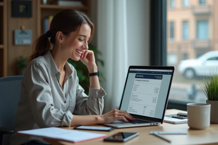 Utilisatrice satisfaite consultant les tarifs et avis du service Autofantom sur son ordinateur portable