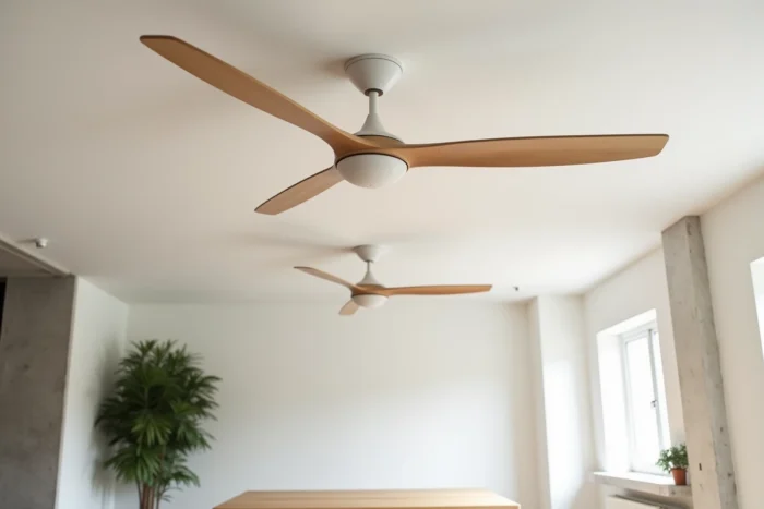 Ventilateur de plafond design à pales en bois de bouleau dans un intérieur nordique épuré