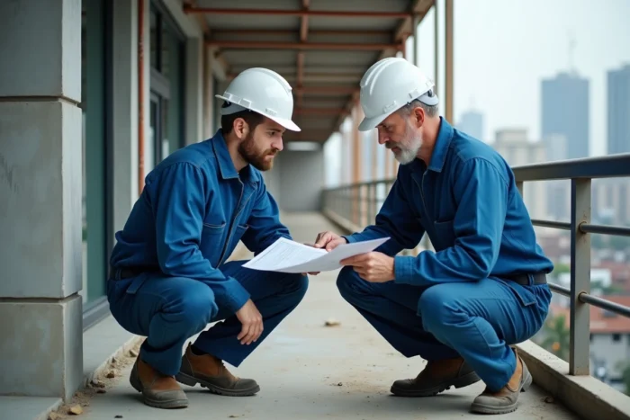 Deux ouvriers vérifiant la conformité d'un garde-corps de balcon aux normes NF P 01-012 et NF P 01-013 sur un chantier de construction