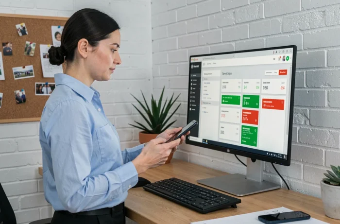 Femme vérifiant l'état des services d'une application web sur un écran de tableau de bord depuis son bureau à domicile