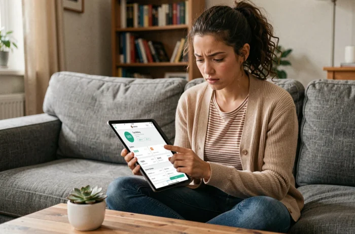 Jeune femme vérifiant la fiabilité d'un site web sur tablette depuis son salon avant un achat en ligne