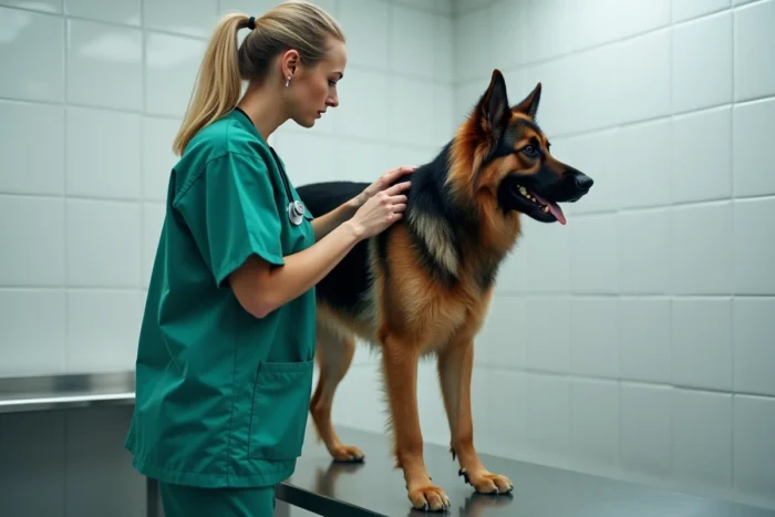Vétérinaire examinant un berger allemand croisé terre-neuve sur une table de consultation dans une clinique vétérinaire moderne